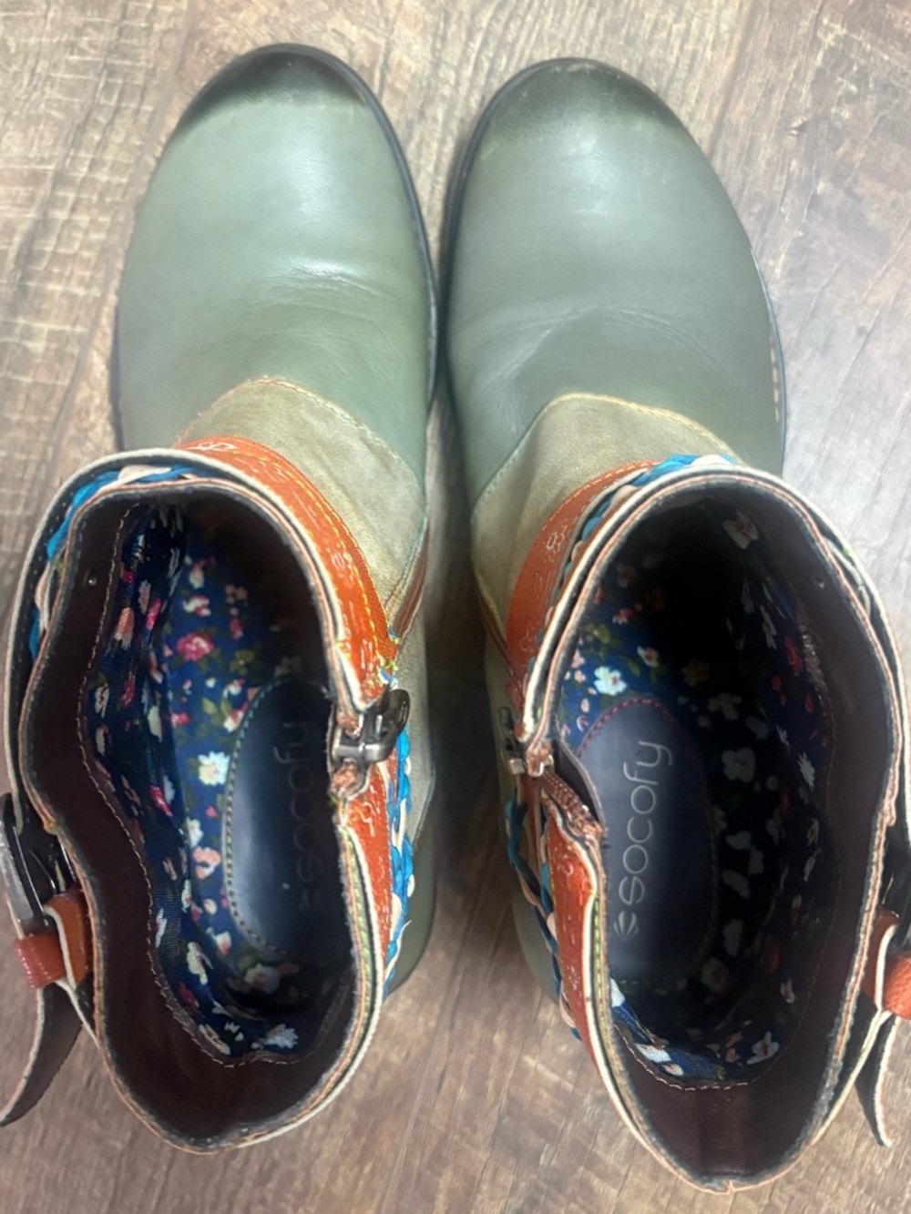 Socofy Boho Leather Ankle Boots EU 39 Embroidered Buckle Floral Lined - Picture 12 of 13